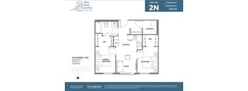 A floor plan for a 2-bedroom, 1-bathroom suite at Mill Run Suites.
