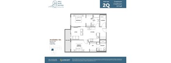 A floor plan for a 2-bedroom, 2-bathroom suite at Mill Run Suites.