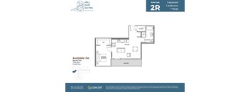 A floor plan for a 2 bedroom, 1 bathroom suite at Mill Run Suites.