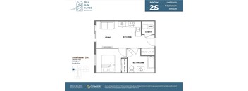 A floor plan for a 2-bedroom, 1-bathroom suite at Mill Run Suites.