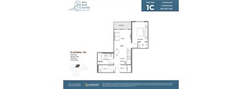 A floor plan for a 1-bedroom, 1-bathroom suite at Mill Run Suites.