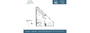A floor plan for a suite type 1G with a balcony and a kitchen.