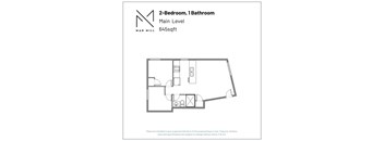 A floor plan for a 2-bedroom, 1 bathroom apartment at Mad Mill.