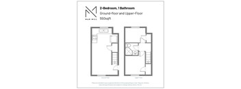 A floor plan for a 2-bedroom, 1 bathroom apartment at Mad Mill.