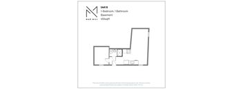 A floor plan for a 1-bedroom, 1-bathroom basement unit at Mad Mill.