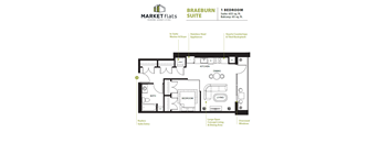 A floor plan for the Braeburn Suite at Market Flats, showing a 1 bedroom apartment with a suite size of 655 sq. ft. and a balcony size of 65 sq. ft.