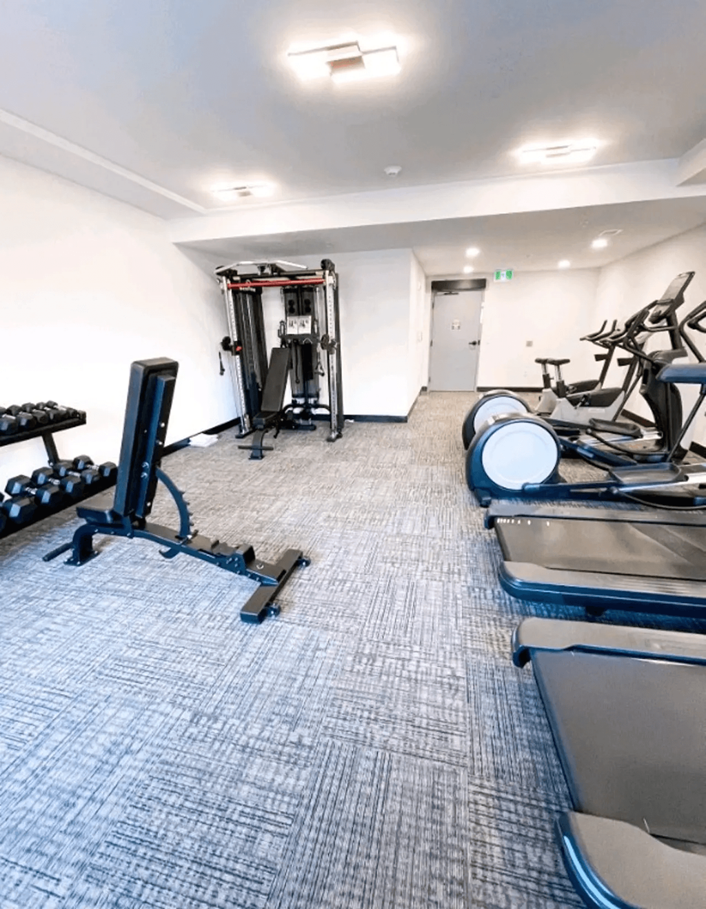 a gym with cardio equipment and weights on the floor