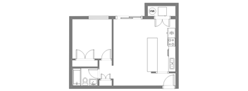 A floor plan of a house with a kitchen, living room, and bathroom.