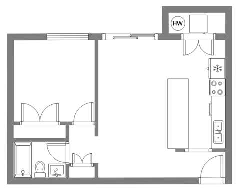 A floor plan of a house with a kitchen, living room, and bathroom.