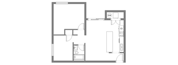A floor plan of a room with a kitchen area and a bathroom.