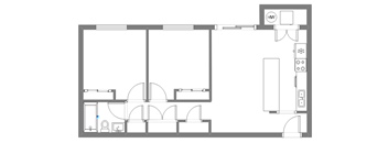 A floor plan of a house with a kitchen, living room, and bathroom.