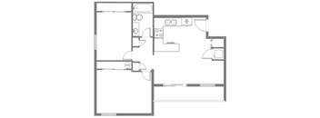 A floor plan of a house with a kitchen, living room, and two bathrooms.