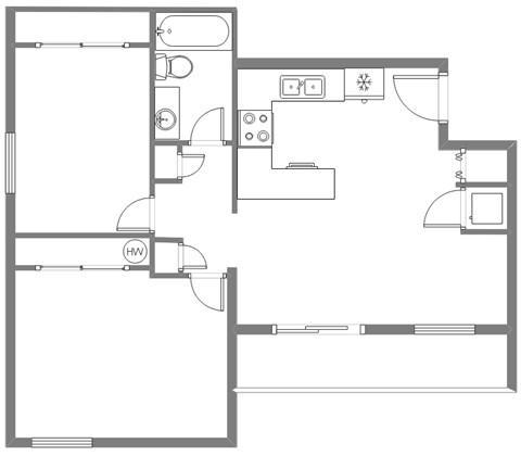 A floor plan of a house with a kitchen, living room, and two bathrooms.