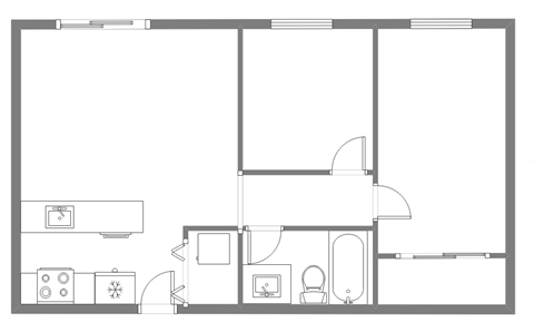 A black and white drawing of a house layout.