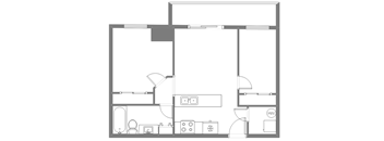 A floor plan of a house with a kitchen, living room, and bathroom.