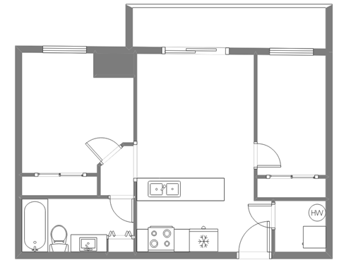 A floor plan of a house with a kitchen, living room, and bathroom.