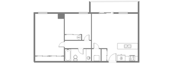A floor plan of a house with a kitchen, living room, and bathroom.