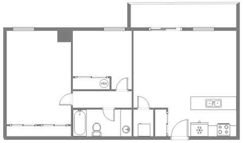 A floor plan of a house with a kitchen, living room, and bathroom.