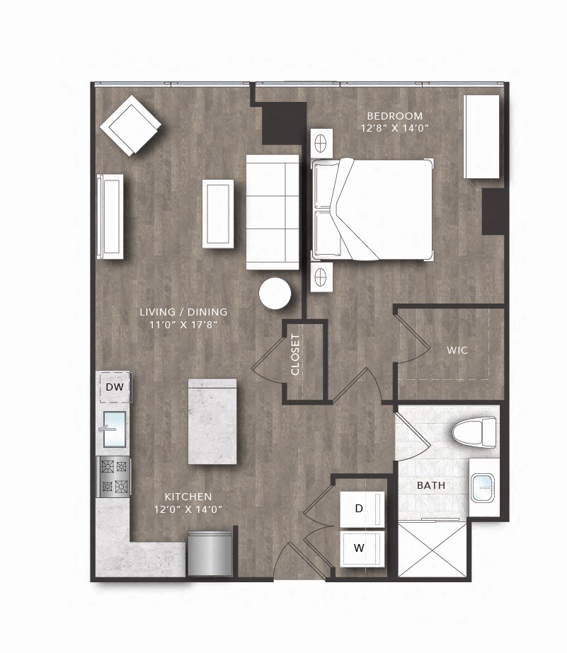 a floor plan of a studio apartment with a bedroom and a living room