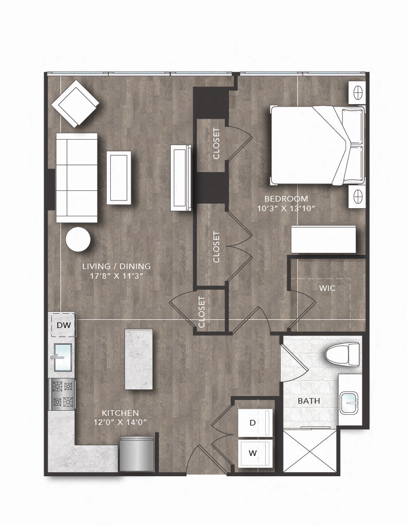 a floor plan of a studio apartment with a bedroom and a living room