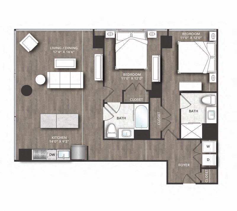 a floor plan of a studio apartment with a bedroom and a living room
