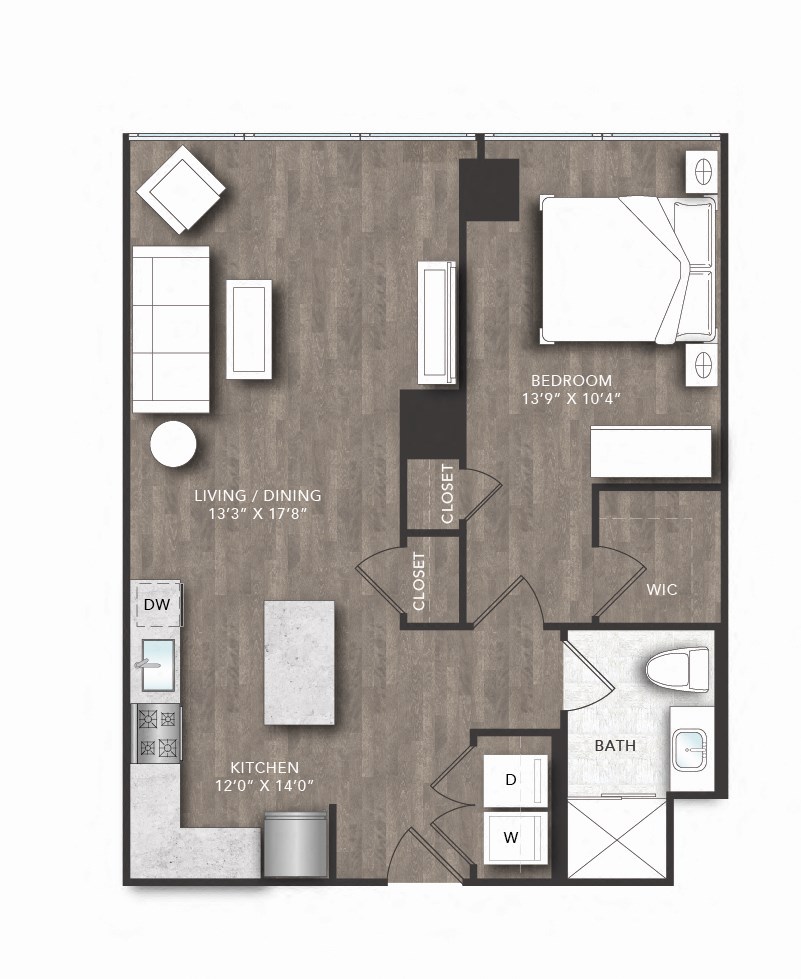 a floor plan of a studio apartment with a bedroom and a living room