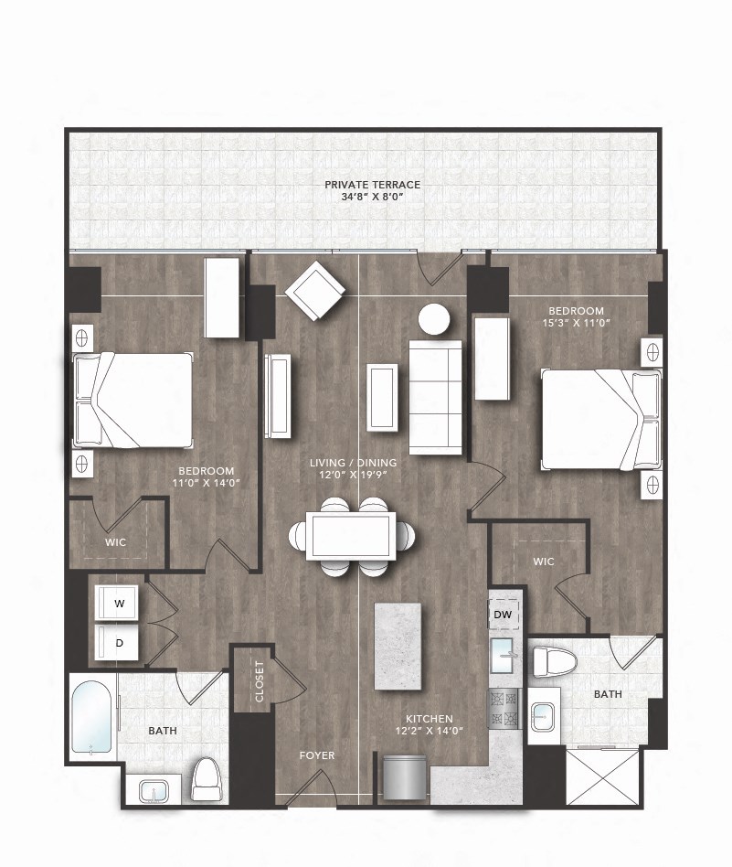 3d floor plan of a 1 bedroom apartment