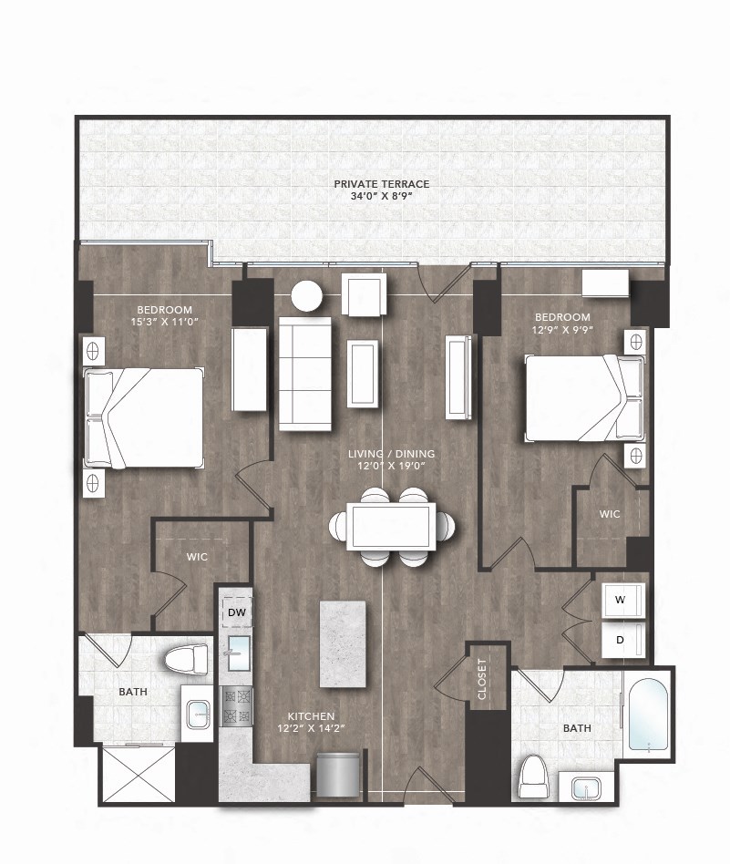a floor plan of a bedroom apartment with a living room and a dining room