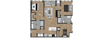This 3-bedroom apartment at Ewing Town Center features a fully equipped kitchen including a kitchen island, a living room and dining area, two full bathrooms, and a balcony. Additionally, the apartment includes a utility room, an in-unit full-sized washer and dryer, and ample closet space for storage.