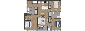 This 3-bedroom apartment at Ewing Town Center offers a fully equipped kitchen including a kitchen island, a combined living and dining area, two full bathrooms, and a balcony. The apartment also includes a utility room, an in-unit full-sized washer and dryer, and plenty of closet space for storage.