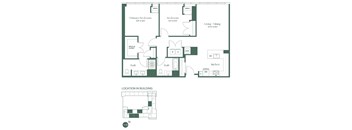 Floorplan for a two-bedroom, two-bath apartment at RVR at Xchange opens into a fully equipped kitchen w/ dishwasher and pantry. Continuing into the apartment there is a spacious living and dining room area, two bedrooms and 2 full bathrooms.