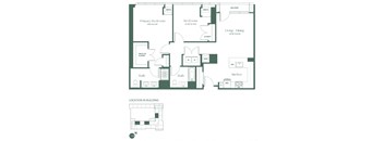 Floorplan for a two-bedroom, two-bathroom apartment at RVR at Xchange opens into a fully equipped kitchen w/ dishwasher and pantry. Continuing into the apartment there is a spacious living and dining room area, two bedrooms and 2 full bathrooms.
