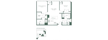 Floorplan for a two-bedroom, two-bathroom apartment at RVR at Xchange opens into a fully equipped kitchen including dishwasher and pantry. Continuing into the apartment there is a spacious living and dining room area, two bedrooms and 2 full bathrooms.
