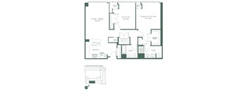 Floorplan for a two-bedroom, two-bathroom apartment at RVR at Xchange opens into a fully equipped kitchen including dishwasher and pantry. Continuing into the apartment there is a spacious living and dining room area, two bedrooms and 2 full bathrooms.