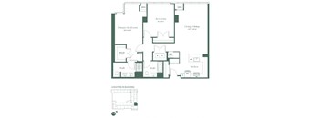 Floorplan for a two-bedroom, two-bathroom apartment at RVR at Xchange opens into a fully equipped kitchen including dishwasher and pantry. Continuing into the apartment there is a spacious living and dining room area, two bedrooms and 2 full bathrooms.