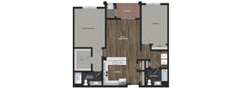 Floor plan image of the Aster model at Montgomery Meadows showing 2 bedrooms, 2 bathrooms, kitchen, a living and dining room, full size washer and dryer and a balcony. The bedrooms are carpeted, the bathrooms have ceramic tile, and the living area has luxury woodgrain vinyl flooring.