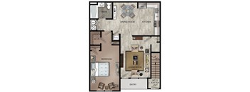 The Athens Model at Pike Run Village floorplan image showing a living room, separate dining room and open kitchen with dishwasher, spacious one bedroom with walk in closet and bathroom, and a washer and dryer.