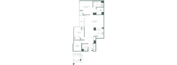 This floorplan for a two-bedroom, two-bathroom apartment at RVR at Xchange opens into a hallway; leading to a full bathroom and a bedroom. Continuing into the apartment is a fully equipped kitchen with a dishwasher and a pantry, a second bedroom and full bathroom, a spacious living and dining room ad a balcony.