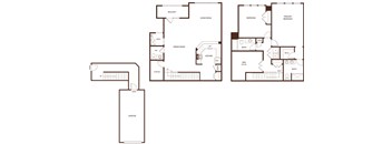 A floor plan of a house with a garage, living room, dining room, kitchen, and two bedrooms.