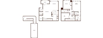 A floor plan of a house with a garage, living room, dining room, kitchen, and two bedrooms.
