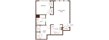 A floor plan of a house with a bedroom, living/dining room, kitchen, and utility room.