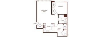 A floor plan of a small apartment with a living room, kitchen, and bathroom.