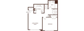 A floor plan of a house with a kitchen, living/dining room, and bedroom.