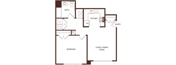 A floor plan of a house with a bedroom, bathroom, kitchen, and living/dining room.
