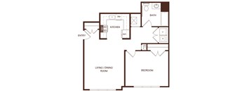 A floor plan of a house with a kitchen, living/dining room, and bedroom.