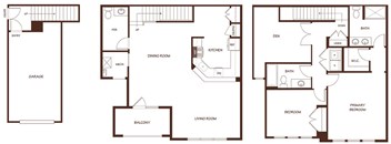 Three floor plans of a house with labeled rooms.