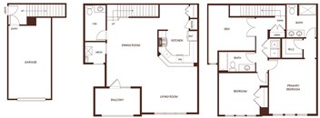 Three floor plans of a house with labeled rooms.