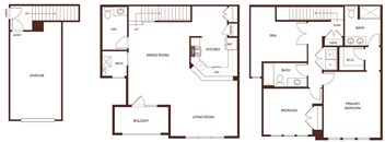 Three floor plans of a house showing the layout of rooms.