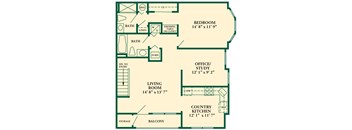 The Barcelona Model at Pike Run Village floorplan showing a living room, den, spacious country kitchen, storage room, private balcony, full bathroom, washer and dryer, large master bedroom with bathroom.