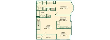 The Barcelona II Model at Pike Run Village floorplan showing a living room, den, spacious country kitchen, storage room, private balcony, full bathroom, washer and dryer, large master bedroom with bathroom.